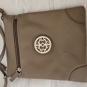 Flat Crossbody Bag Taupe Faux Leather Outside And Inside Pockets Zip Close